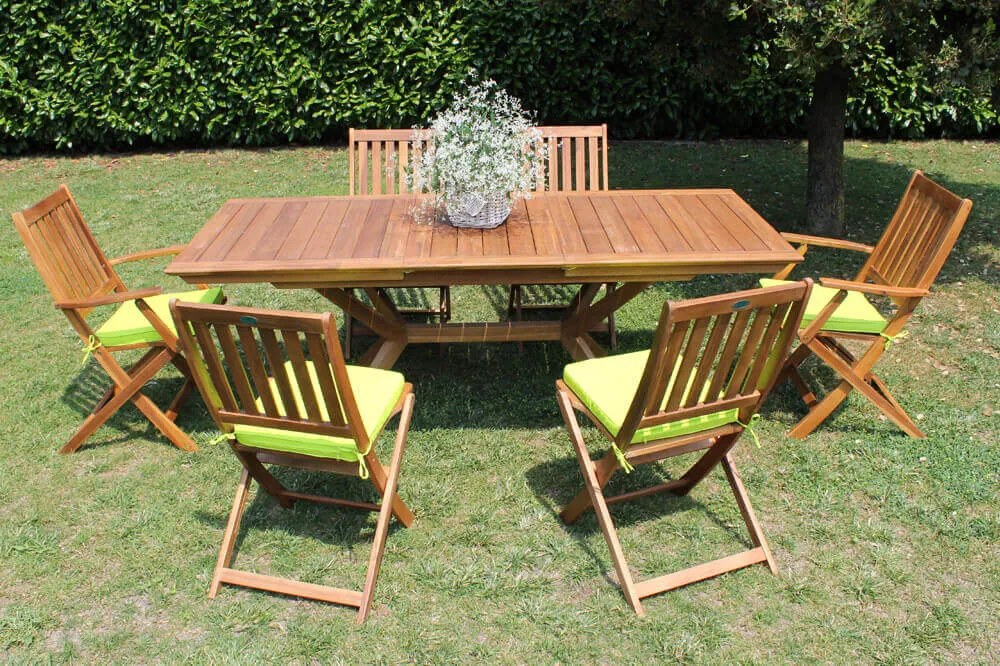 CAESAR - set tavolo in alluminio e teak cm 150/200 x 90 x 78 h con 4 sedie e 2 poltrone Dresda