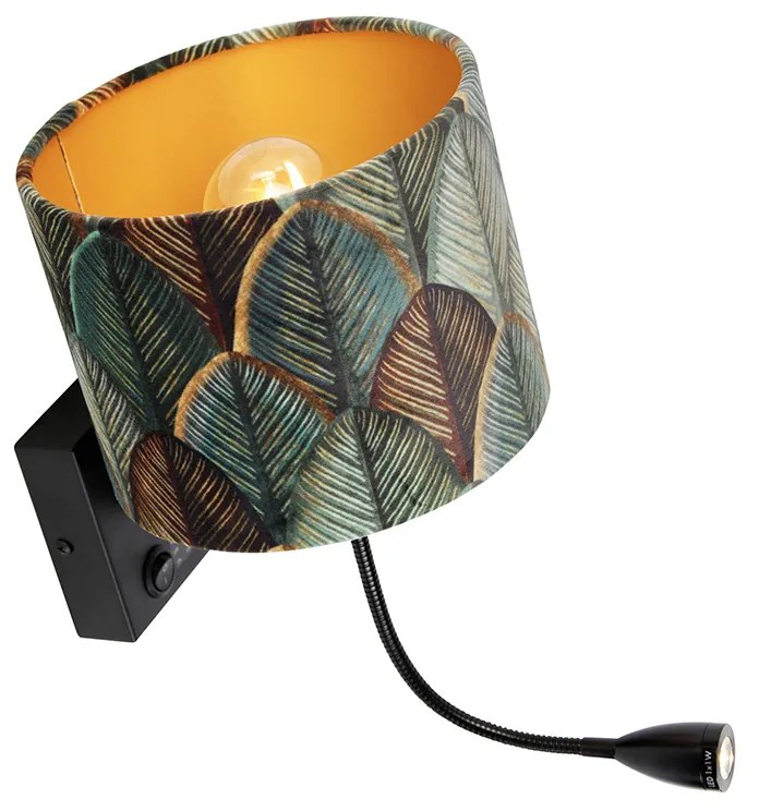 Applique da parete nera con paralume in velluto, motivo foglia e interno oro - Brescia Combi