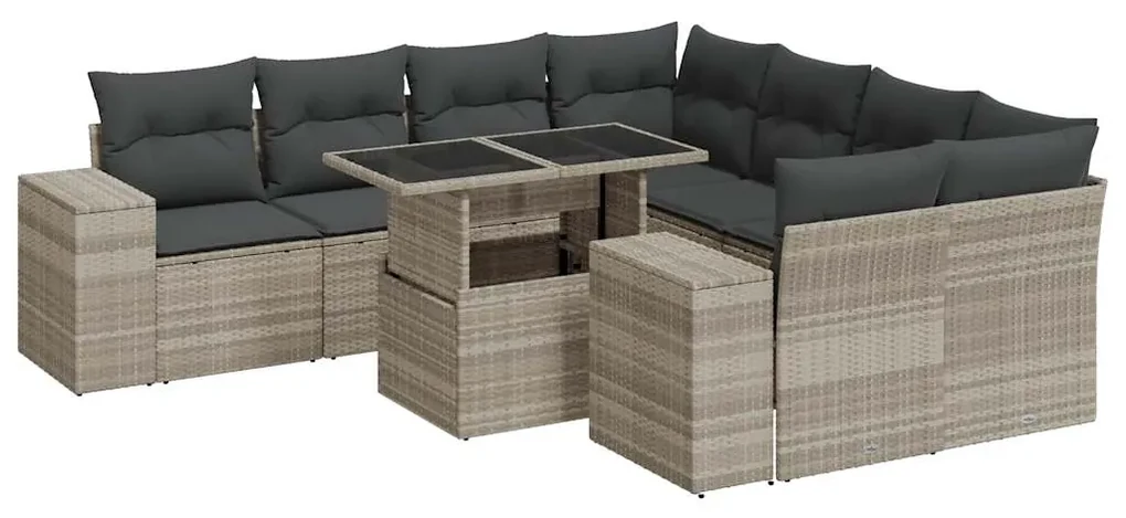 Set divano da giardino 9pz con cuscini grigio chiaro polyrattan