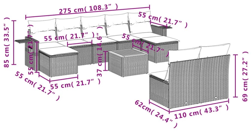 Set Divano da Giardino 10 pz con Cuscini Beige in Polyrattan