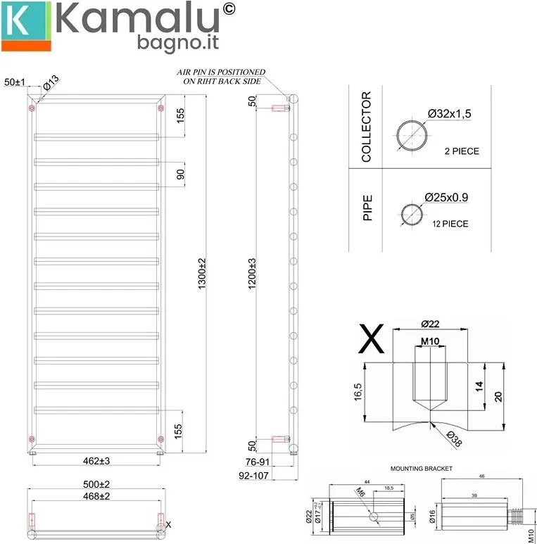 Termoarredo scalda salviette 1300x500mm colore nero opaco KAM-D7013N - KAMALU