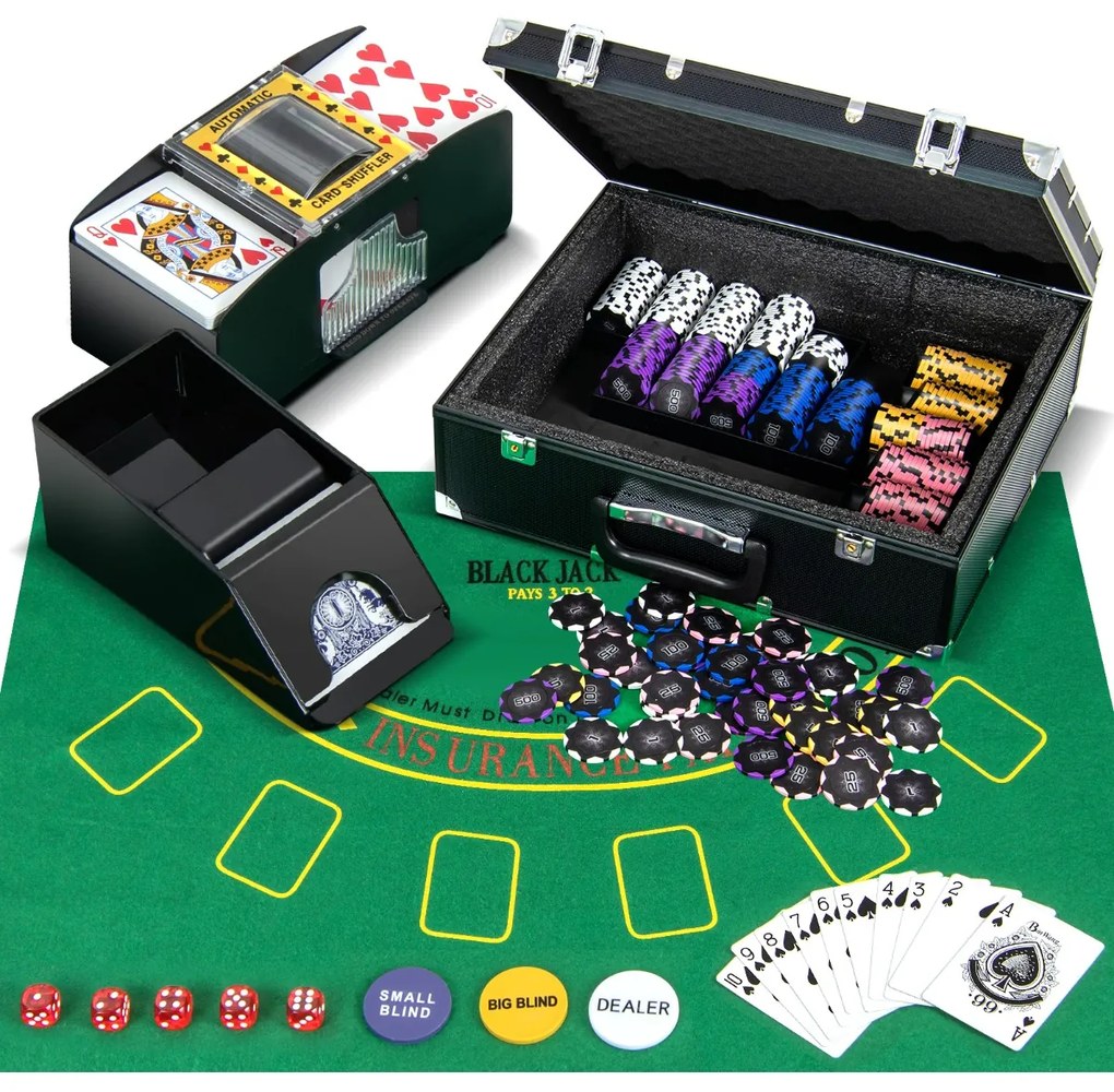 Costway Set di fiches da poker per casinò, Fiches da gioco con 300 pezzi di fiches 2 mazzi di carte tappeto da poker Nero