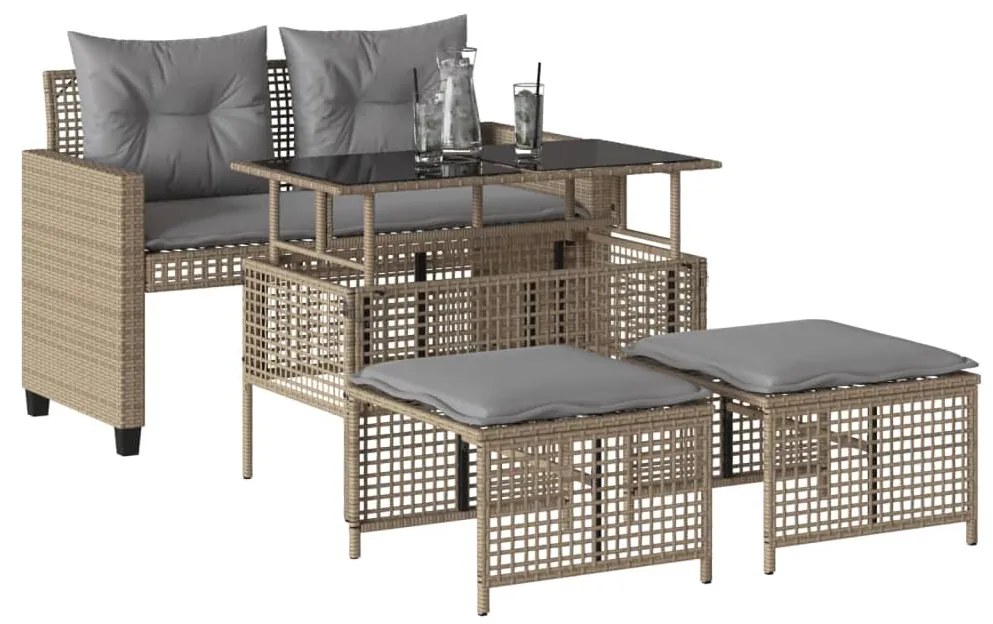 Set divano da giardino 4 pz con cuscini beige polyrattan vetro