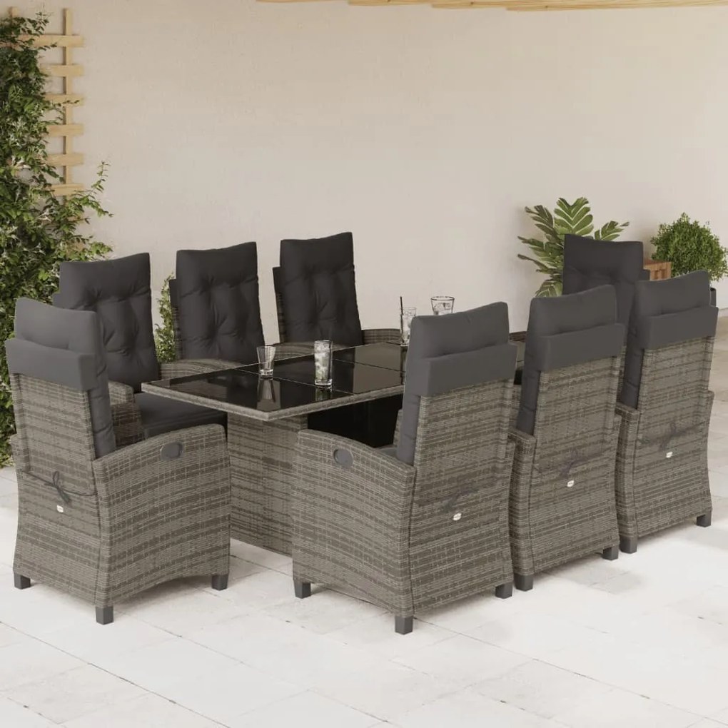 Set da pranzo da giardino 9 pz con cuscini in polyrattan grigio