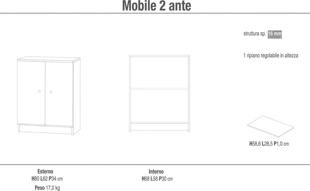 Mobile 2 Ante 62x80x34 cm Olmo Chiaro...