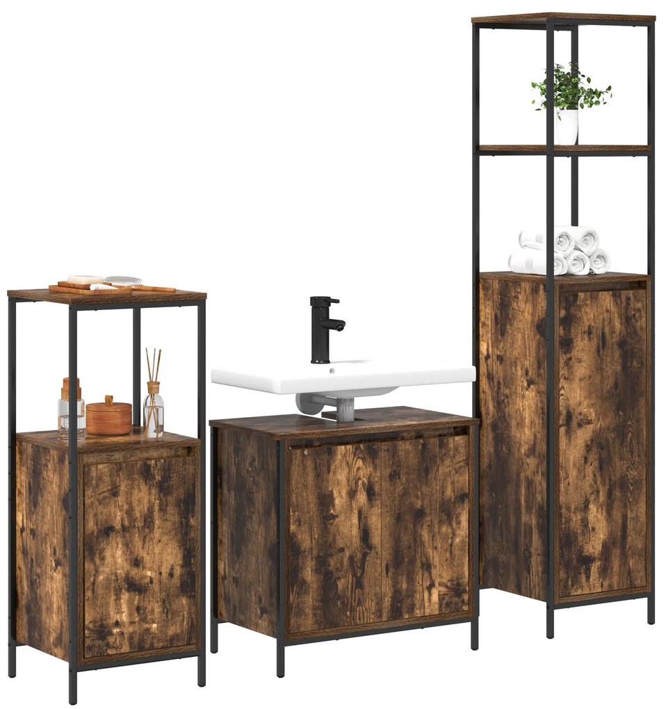Set mobili bagno 3 pezzi rovere affumicato - legno ingegnerizzato