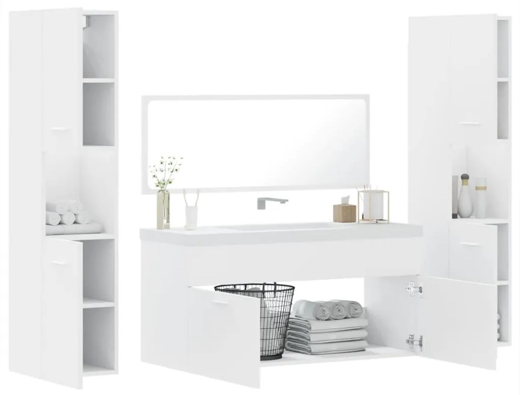 Set mobili da bagno 4 pz bianco in legno multistrato