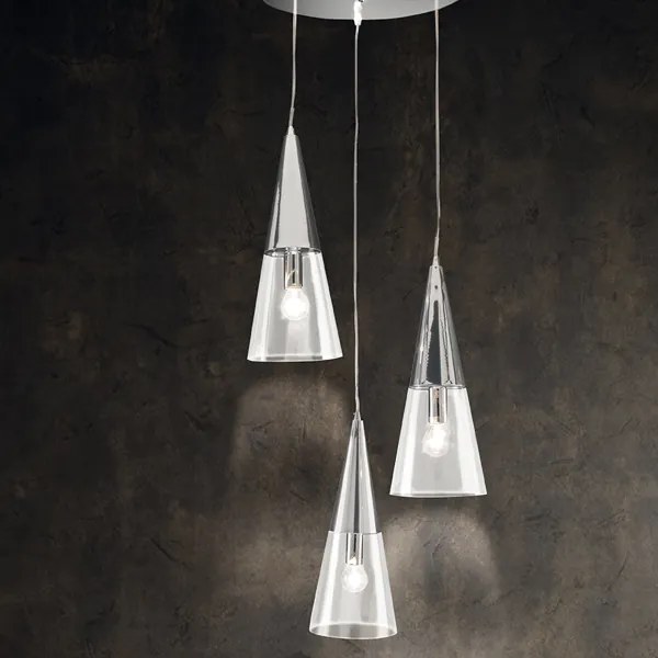 Lampada a sospensione TRENTO 35 cm con 3 diffusori in vetro soffiato Cromo