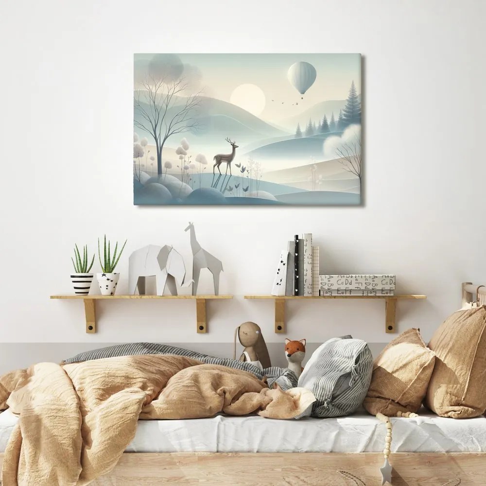Quadro su tela – Cervo nella valle nebbiosa all’alba