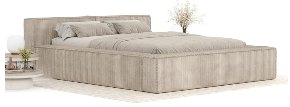 Letto matrimoniale imbottito beige con contenitore e rete inclusi 180x200 cm Voliera – Maison de Rêve