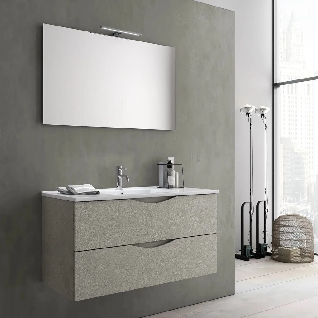Mobile Bagno Sospeso Effetto Pietra 80cm Due Cassetti e Specchio con Lampada