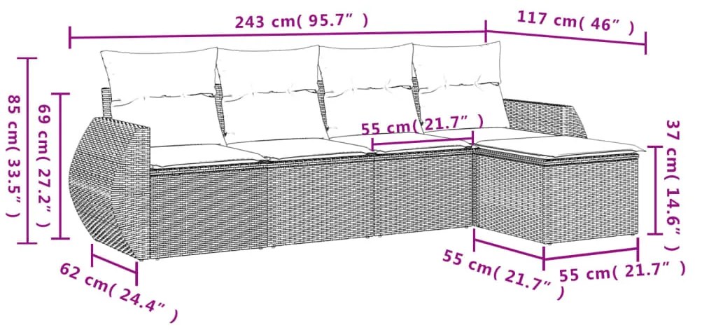 Set Divani da Giardino 5 pz con Cuscini in Polyrattan Nero