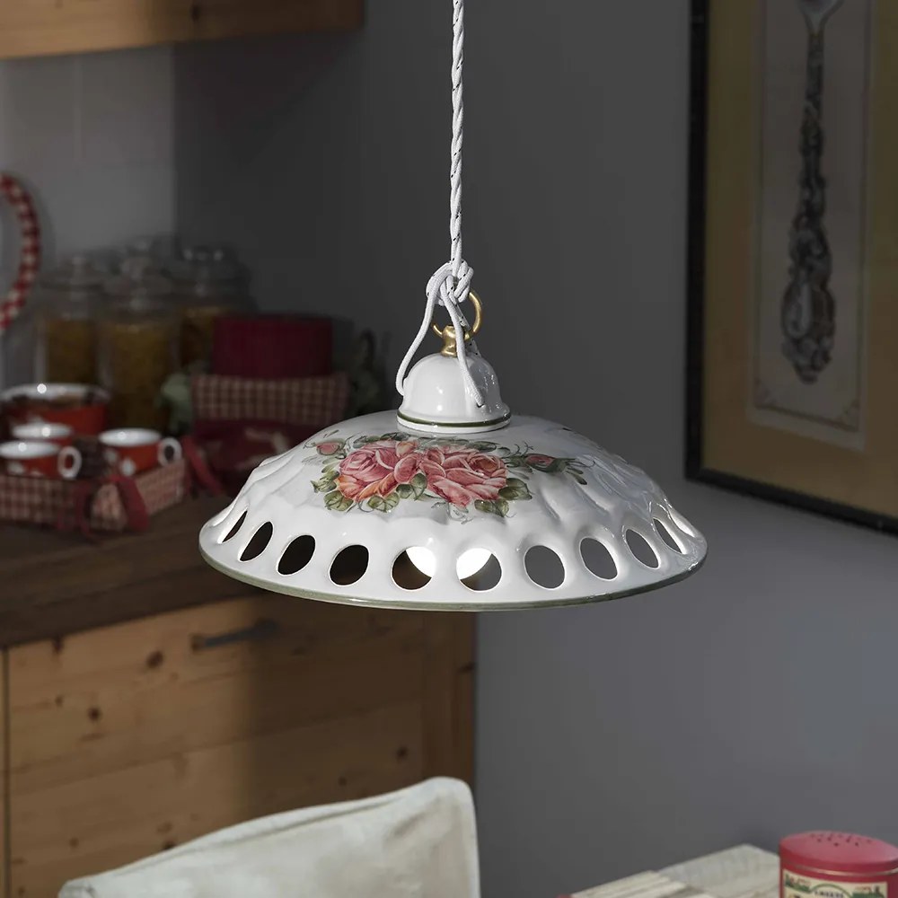 Lampadario Classico Napoli Ceramica E Ottone Satinato Decorato 1 Luce E27