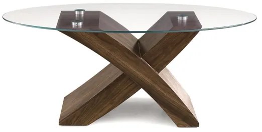 Tavolino piano in vetro ovale TITO con base color TEAK