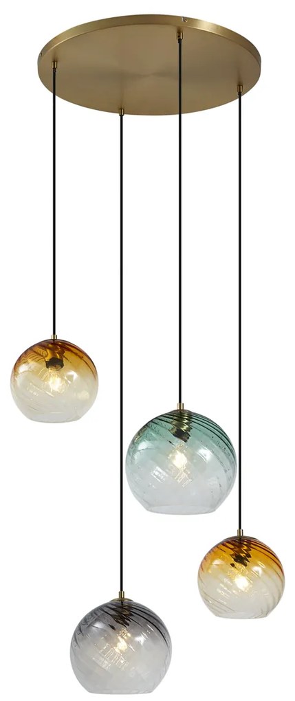 Lampada a sospensione bronzo con vetro fumé ambrato e verde rotonda a 4 luci - Bao