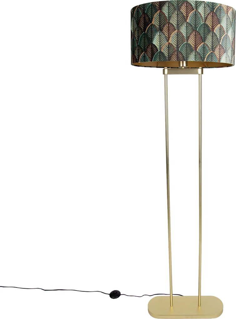 Lampada da terra in ottone con paralume ovale con motivo a foglie e interno dorato 50 cm - Thijmen