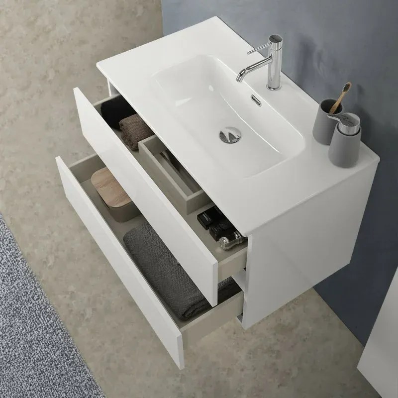 Mobile bagno sospeso 100 cm in legno bianco lucido 2 cassettoni con lavabo e specchio Leda