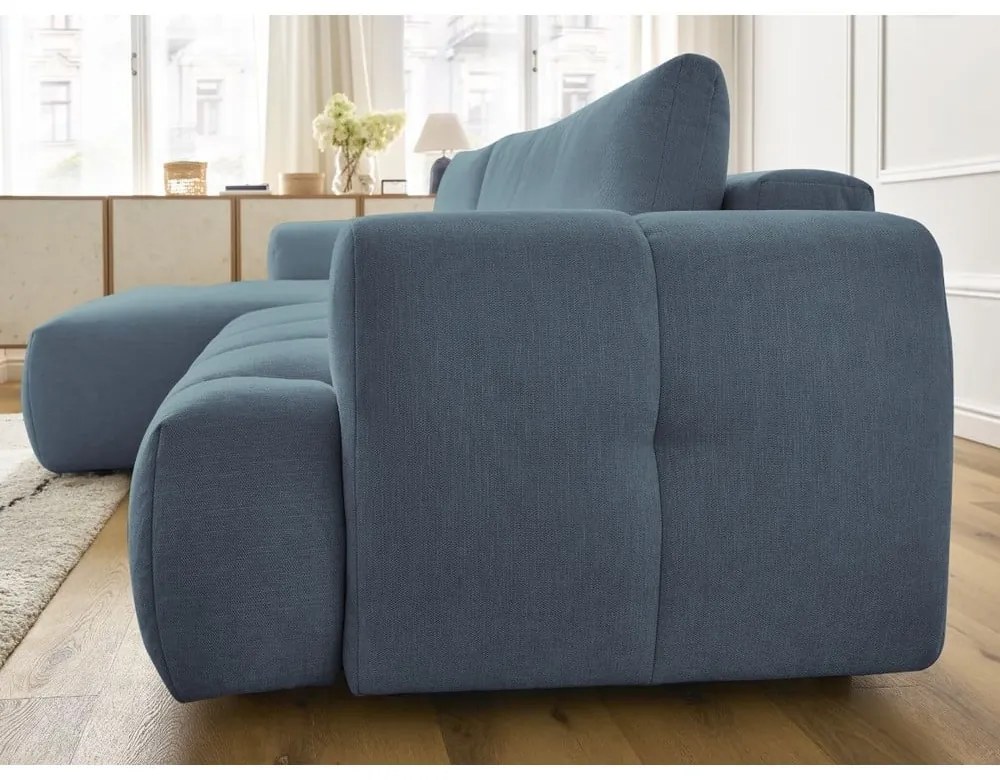 Divano angolare blu allungabile e con contenitore (penisola a sinistra/chaise lounge) con rivestimento in ciniglia Fuji – Bobochic Paris