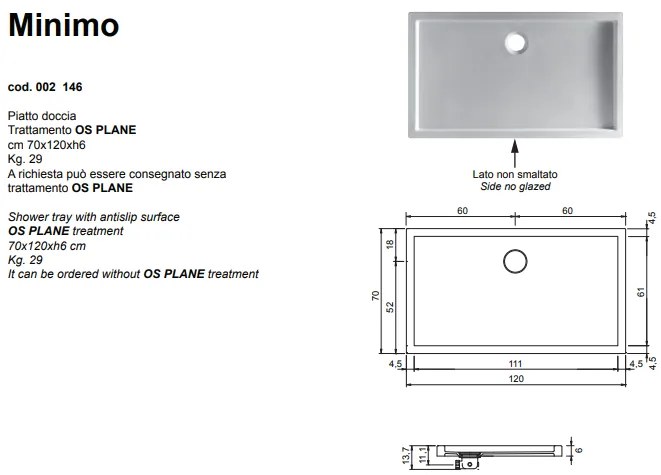 Minimo Piatto Doccia Antiscivolo 70x120 Nero Lucido