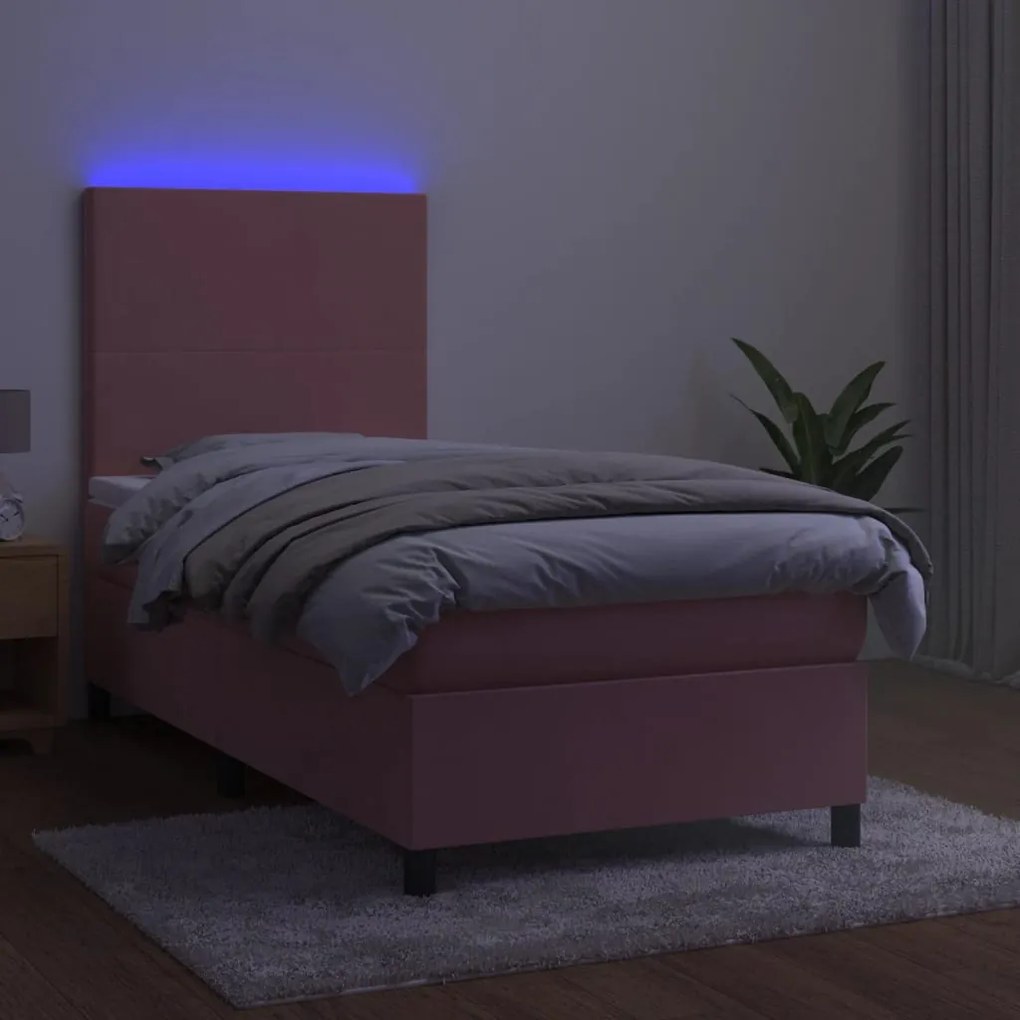 Letto a molle con materasso e led rosa 90x200 cm in velluto