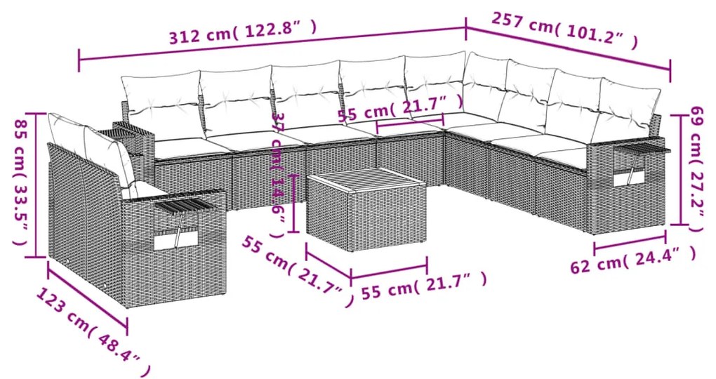 Set Divani da Giardino 11 pz con Cuscini in Polyrattan Nero