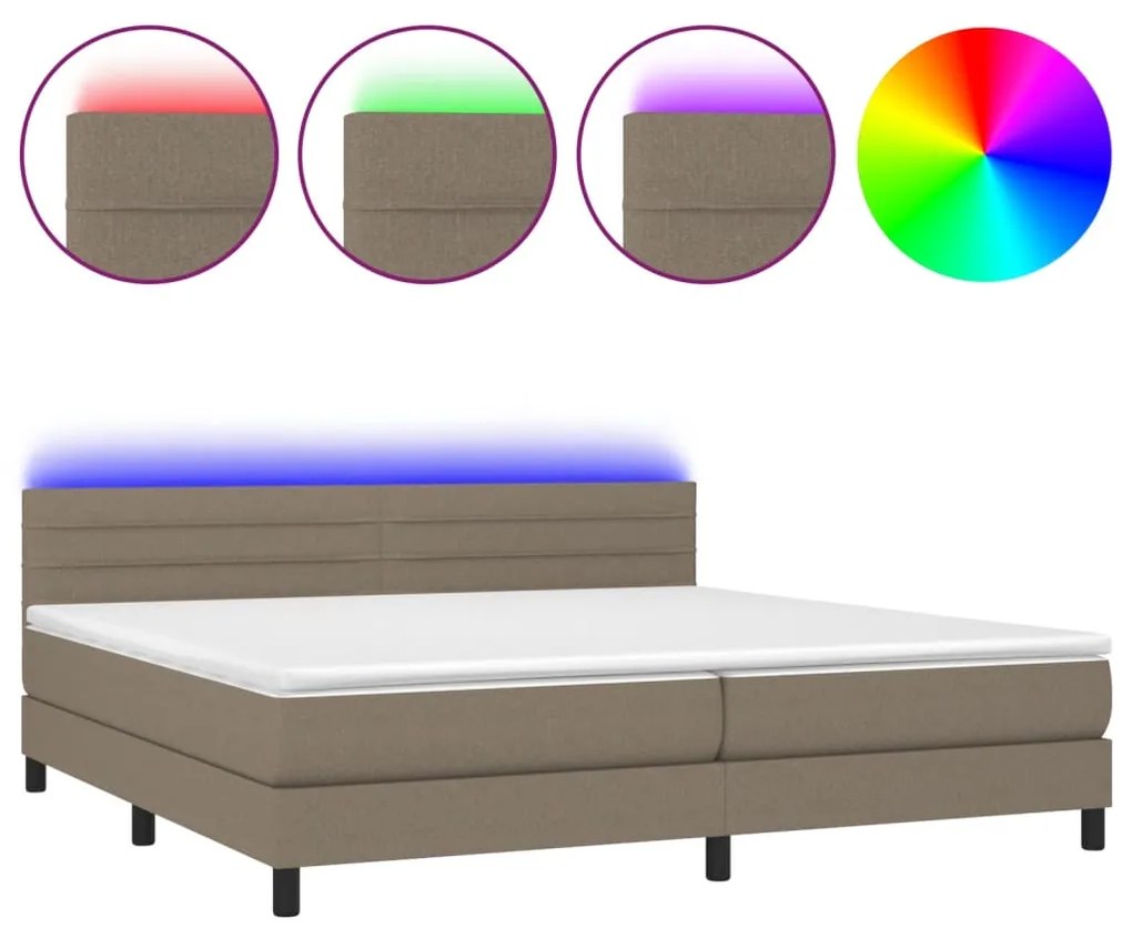 Letto a molle materasso e led tortora 200x200cm in tessuto