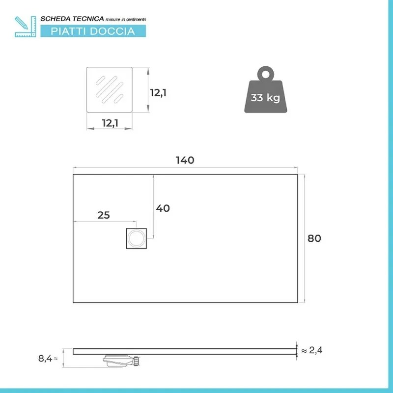 Piatto doccia in resina 80x140 Arena grigio completo di kit scarico