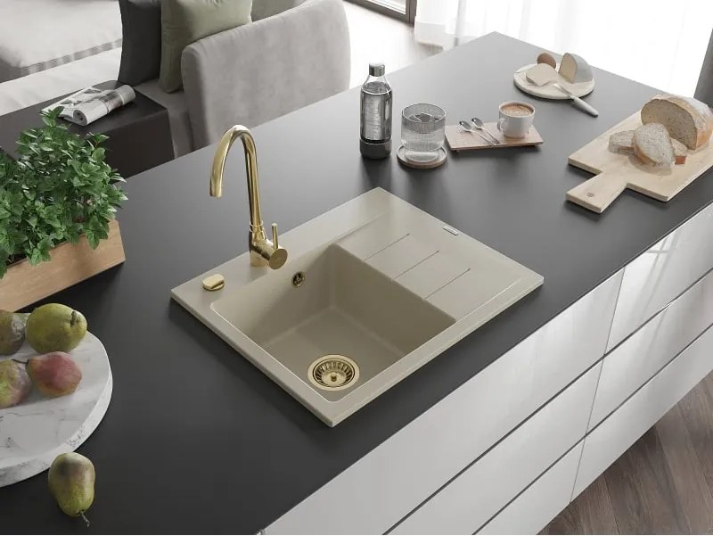 Mexen Ben Lavello in granito 1 vasca con sgocciolatoio, sinistro 600 x 500 mm, beige, sifone dorato - 6522605000-69-G