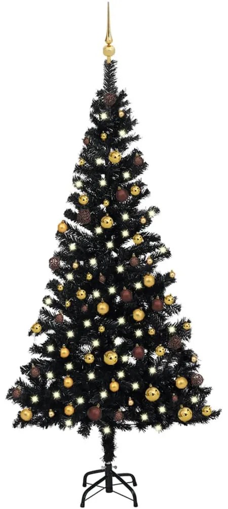 Albero di Natale Preilluminato con Palline Nero in PVC, Albero di Natale Preilluminato con Palline Nero 150 cm PVC