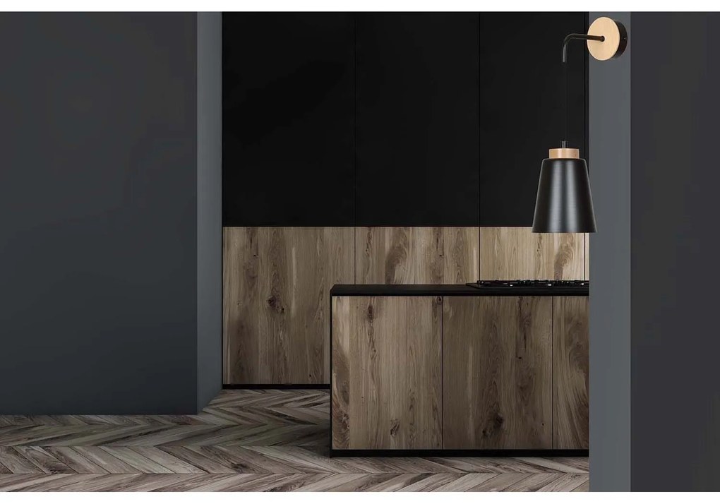 Applique 1 Luce Lancillotto A Cono In Acciaio Nero E Legno Naturale