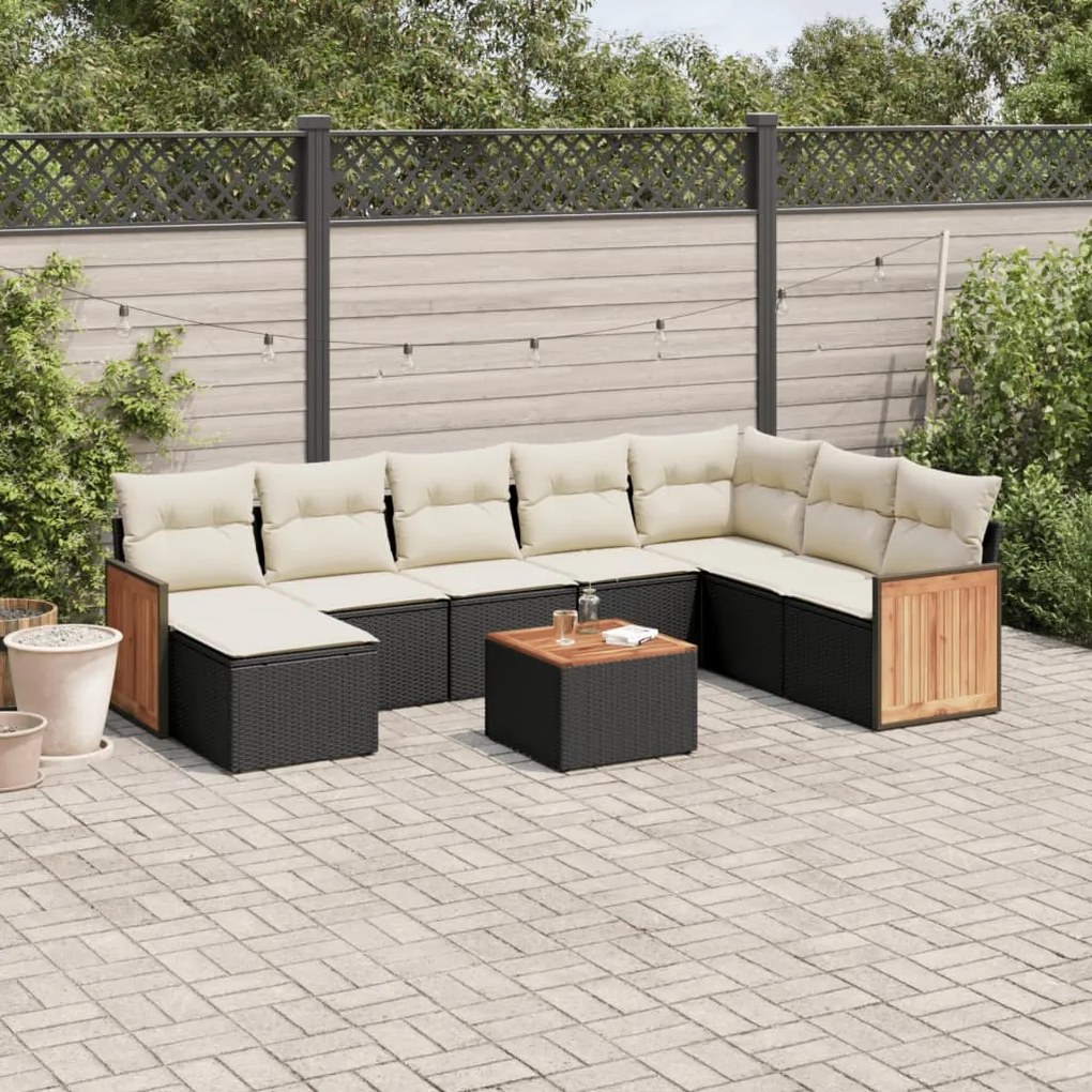 Set divani da giardino 9 pz con cuscini nero in polyrattan