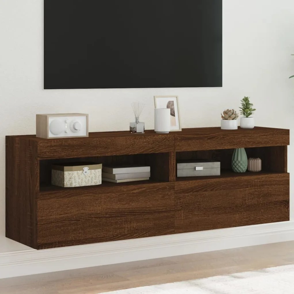 Mobili tv a parete con luci led 2pz rovere marrone 60x30x40 cm