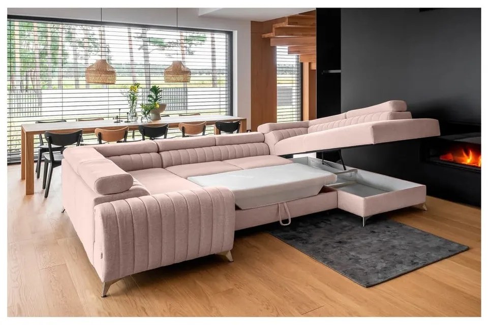 Divano angolare rosa allungabile/con contenitore (con penisola a destra/a U) Louis – ELTAP