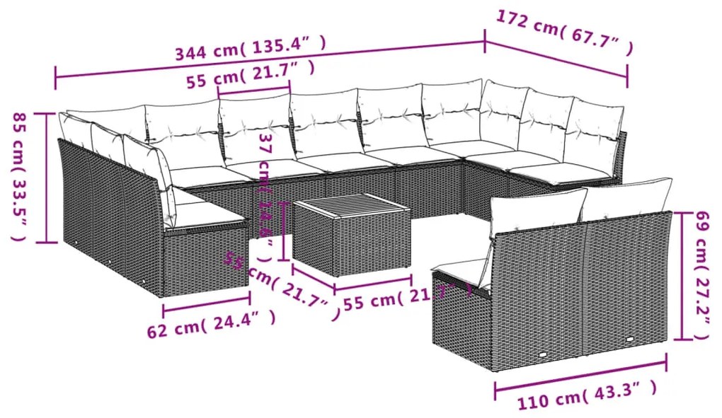 Set divano da giardino 13 pz con cuscini beige in polyrattan