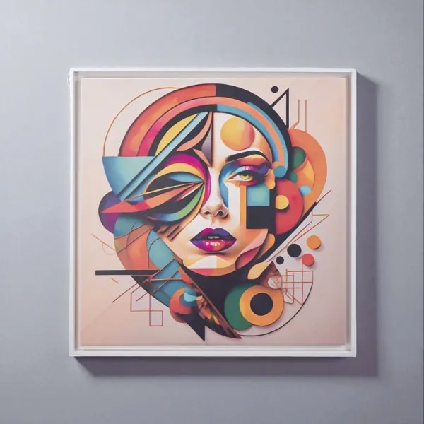 Quadro su tela con cornice moderno 98x98 cm ritratto geometrico donna