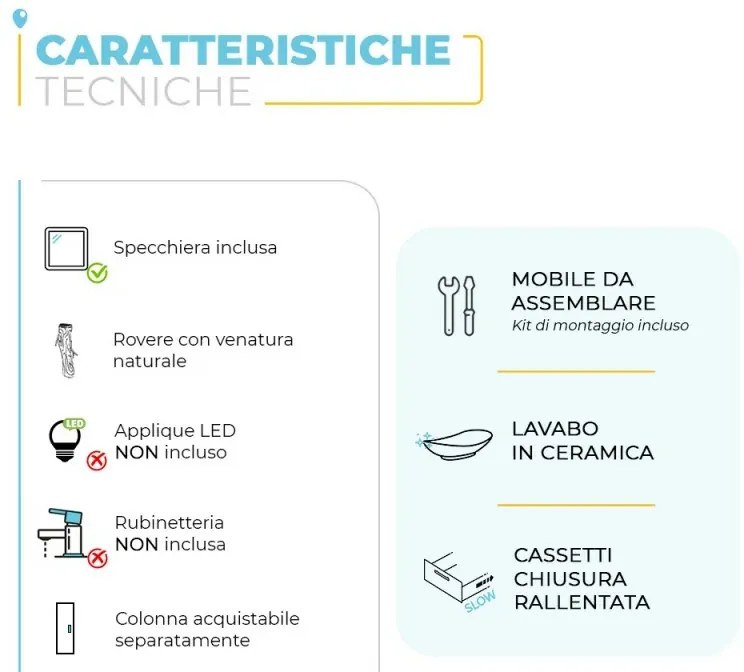 Mobiletto bagno a terra 80 cm 2 cassetti serie Oasi rovere con specchio e lavabo