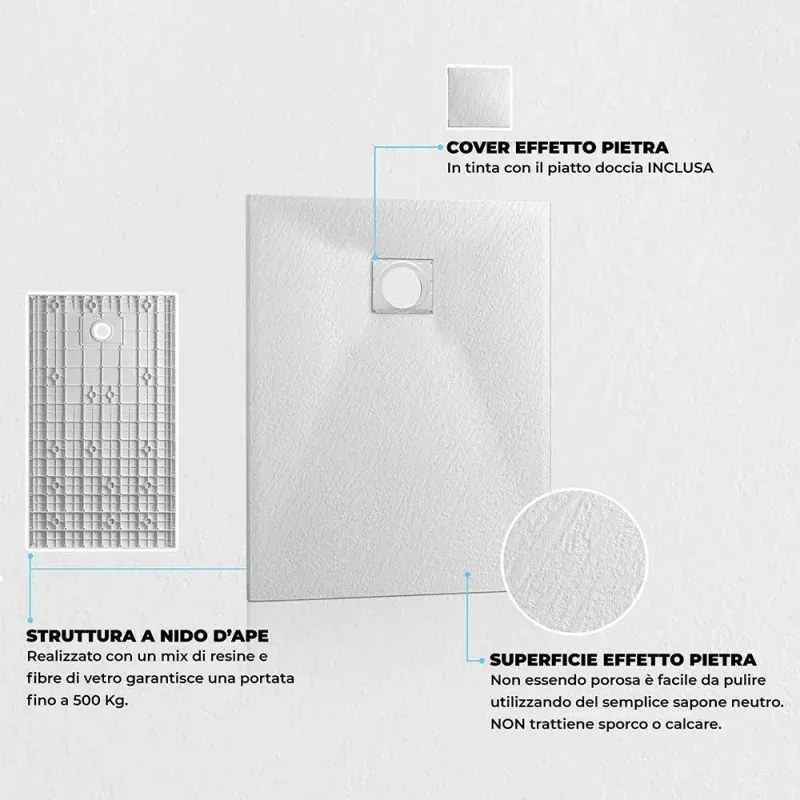 Piatto doccia 90x90 semicircolare bianco pietra in resina riducibile Agorà
