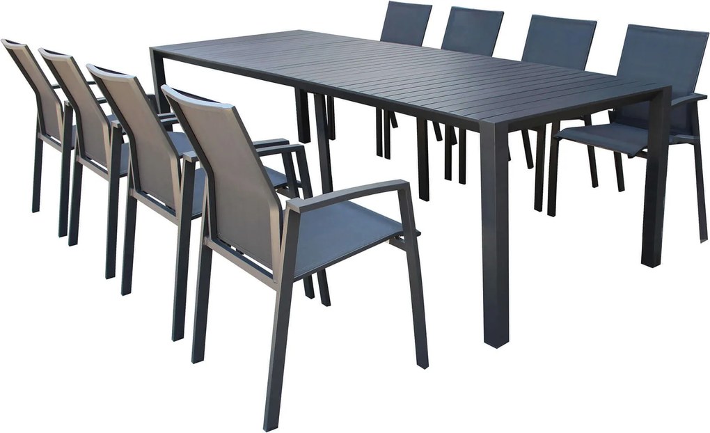 ARIZONA - set tavolo in alluminio cm 100 x 51,50/104/156/208/260 x 74 h con 8 poltrone Lotus