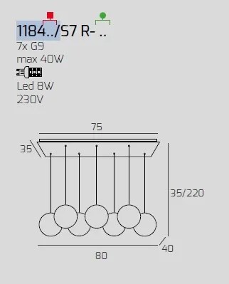 Sospensione cromo 7 luci rettangolare vetri 4x fu + 3x br 1184cr-s7...