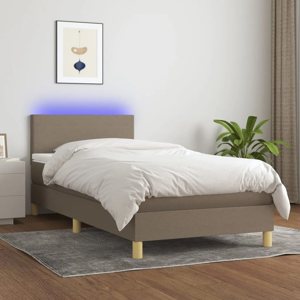 Letto a molle con materasso e led tortora 90x200 cm in tessuto