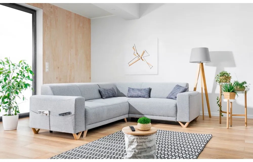 Divano angolare grigio chiaro allungabile e con contenitore (con penisola a destra/a L) Classy Sophie – Miuform