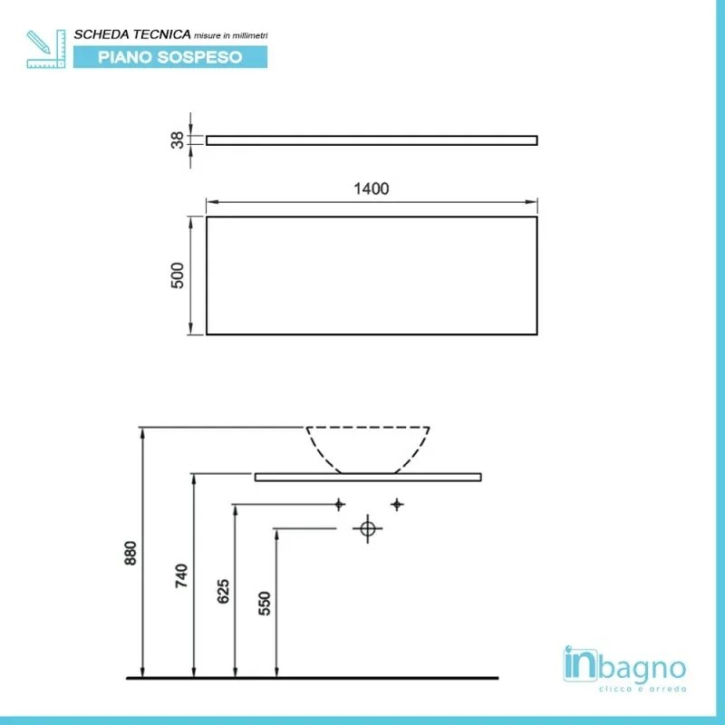 Mensolone sospeso 140 cm rovere miele per lavabi da appoggio serie Master