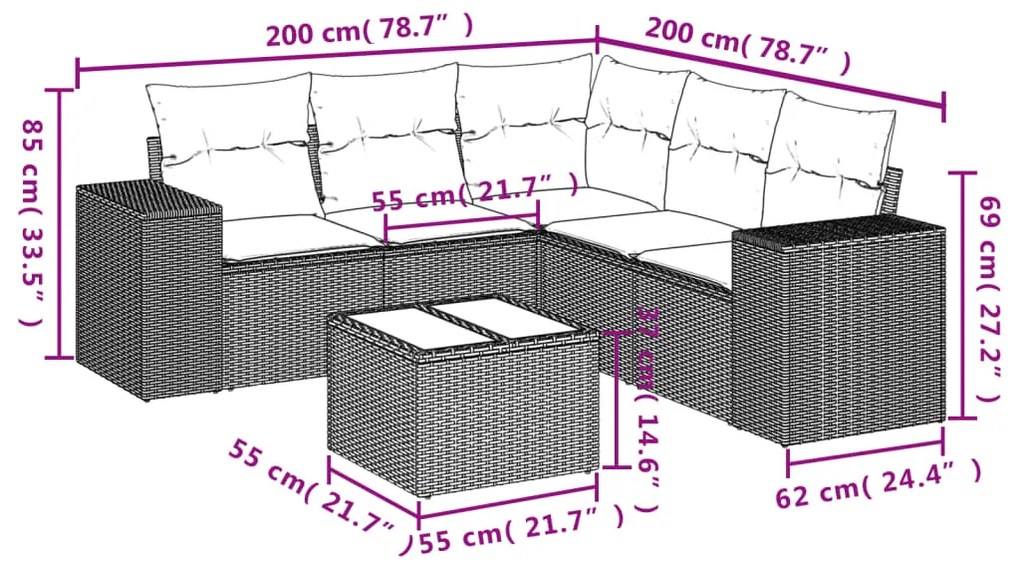 Set divano da giardino 6pz con cuscini grigio chiaro polyrattan