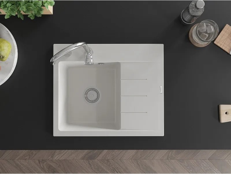 Mexen Ben lavello in granito 1-vasca con scolapiatti, sinistro 600 x 500 mm, bianco, sifone cromato - 6522605000-20