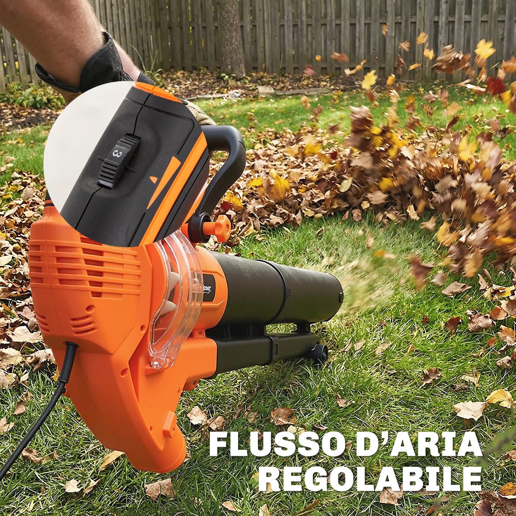 Soffiatore 3-in-1 con Funzione Aspiratore Trituratore per Foglie 3000W in PP e Tessuto Nero e Arancione...