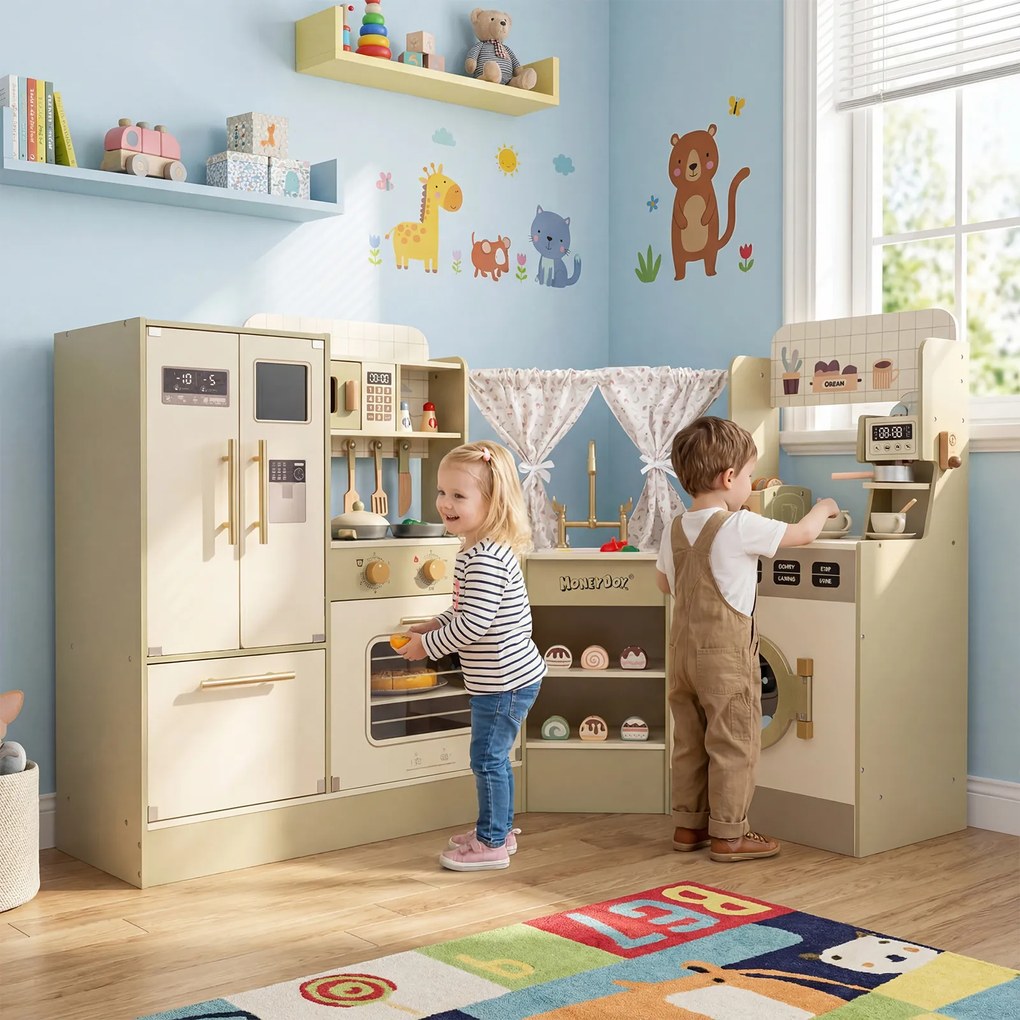 Costway Angolo giochi cucina per bambini in legno con rubinetto e fornelli realistici, Set cucinetta giocattolo con accessori per bambini 3+ anni