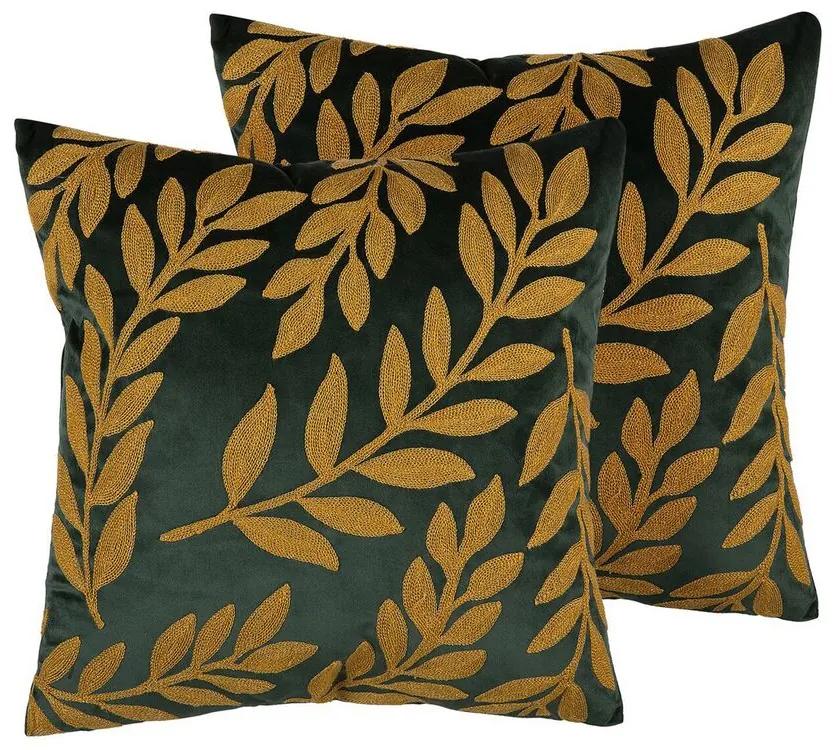 Set di 2 cuscini decorativi in velluto motivo a foglie 45x45cm verde smeraldo MISTLETOE Beliani