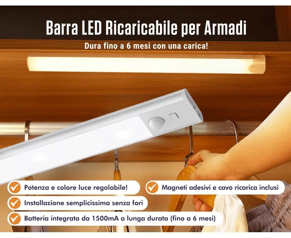 Barra LED 1W Ricaricabile per Armadi, 25cm, CCT Bianco Variabile Colore Bianco Variabile CCT