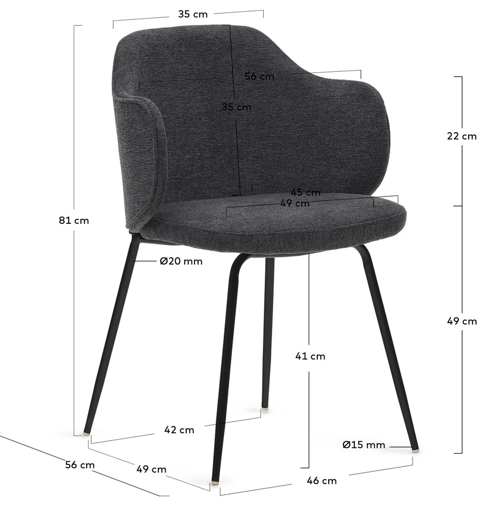 Kave Home - Sedia Yunia grigio scuro con gambe in acciaio verniciato nero