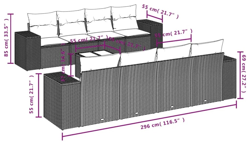 Set Divani da Giardino 9 pz con Cuscini Nero in Polyrattan